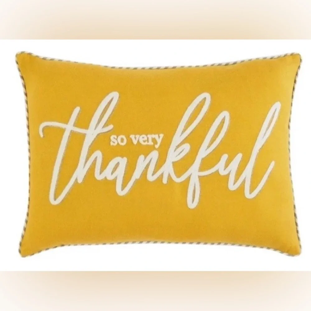 So Very Thankful Orange Thanksgiving Fall Oblong Yellow Gray Stripe Pillow 12x18